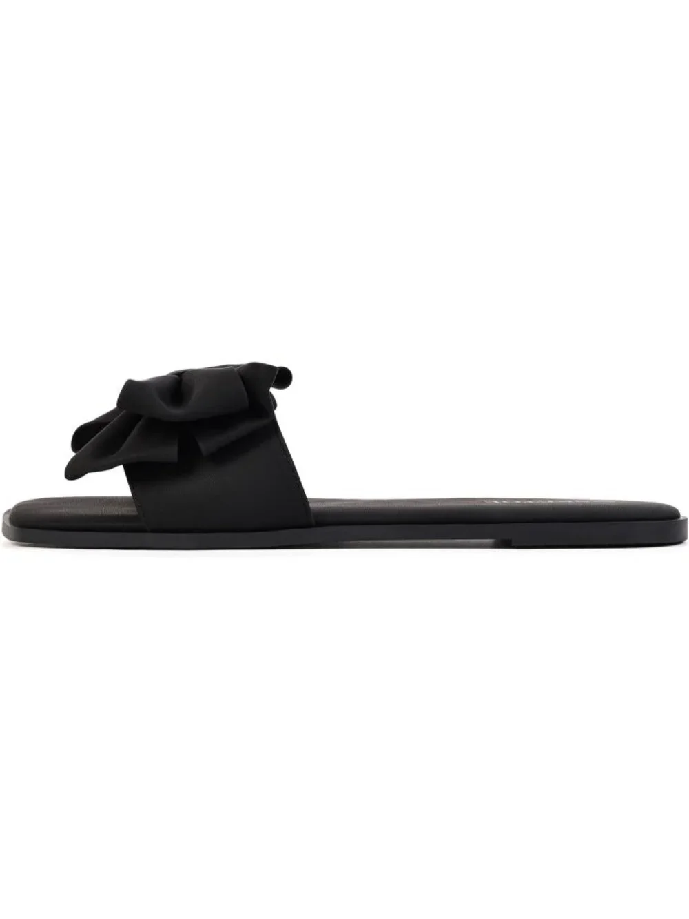 Women's Black Faux Leather Bow Flat Sandals Open Saquare Toe Comfortable Slides